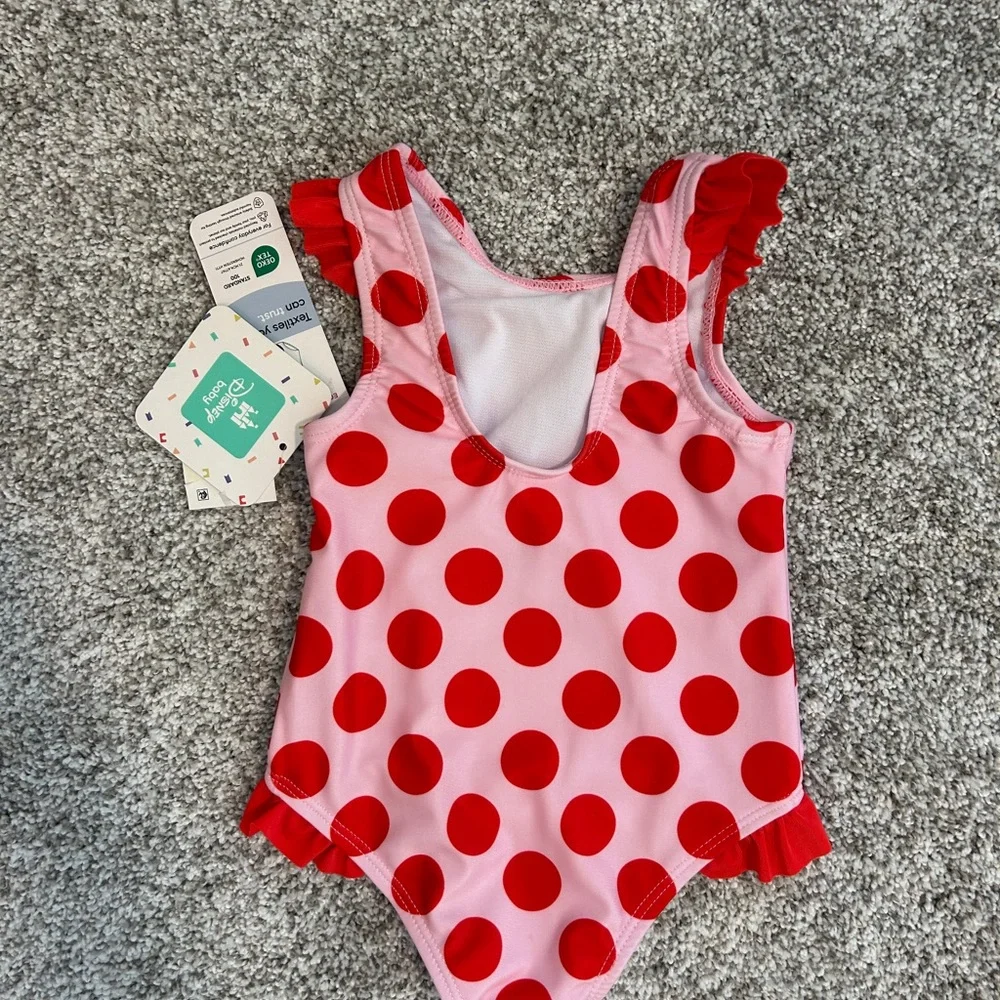 Disney Baby Minnie Mouse Swimsuit Kids 9M Pink Red Polka Dot Ruffle‎ Snap Bottom
